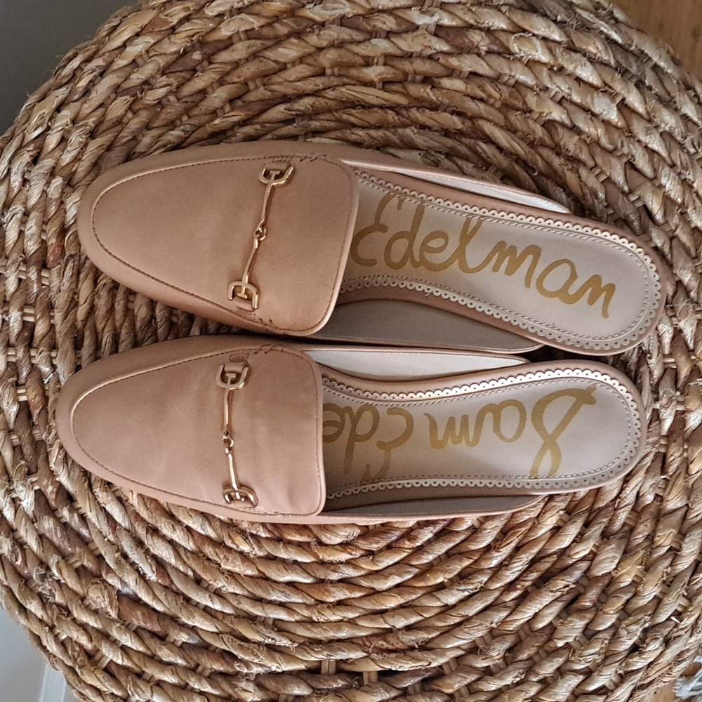Sam Edelman Womens Linnie Sand Tan Leather Mules Gold Metal Cross Bit S-7 - Picture 6 of 9